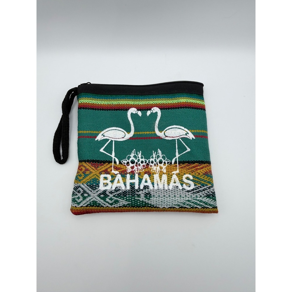 Bahamas Souvenir Coin Purse Wallet Wristlet Flamingo Print Colorful Woven
